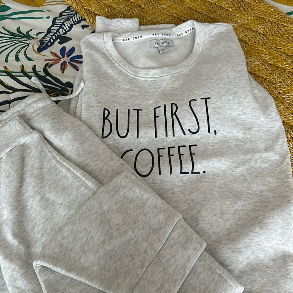 Rae Dunn sz L “but first coffee” lounge set. NWOT super soft grey